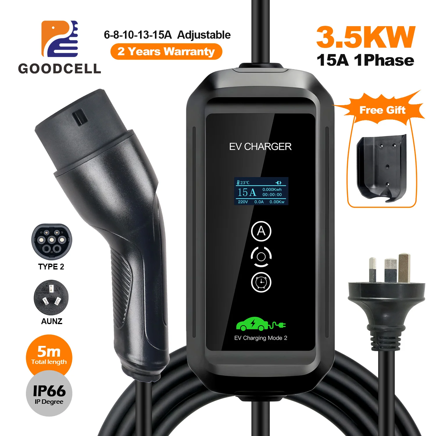 GOODCELL Type2 6/8/10/13/15A AU NZ Plug EV Charger EVSE Car Home Charging Portable Adjustable Use for Charge Plug IP 66