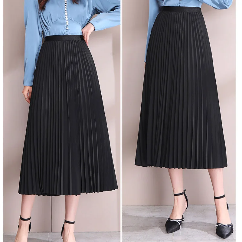 Purple/Black Pleated Midi Skirt for Women 2022 New Spring Summer Elegant Fashion Long Skirt Female Office Ladies All-match Skirt