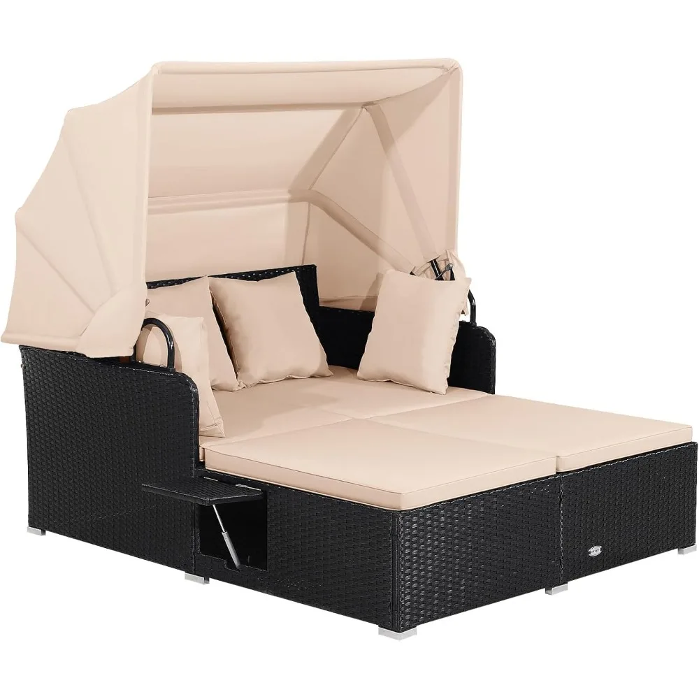 WUNICEF-Lit de jour d'extérieur, chaise longue avec ampoules en toile rétractables, coussins et oreillers, pour terrasse, piscine, balcon de jardin, 2 hypothèques