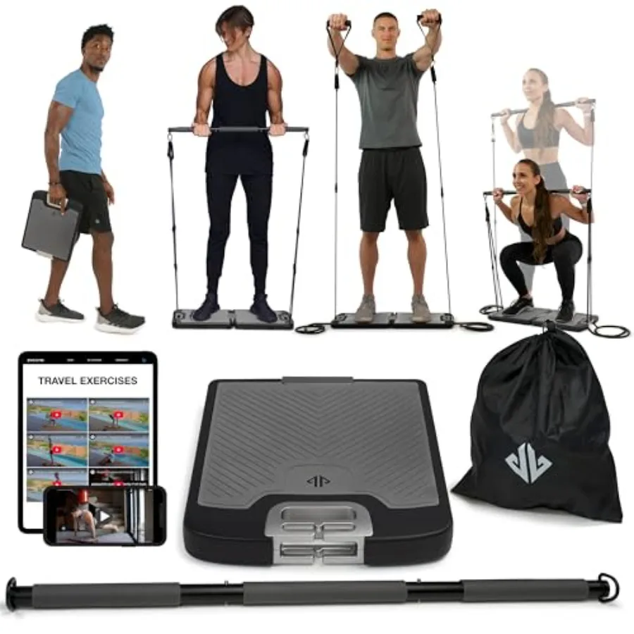 

Portable Home Gym Strength Training Equipment with Resistance Bands and Bar Holder for Travel All-in-One Fitness Gear in Black