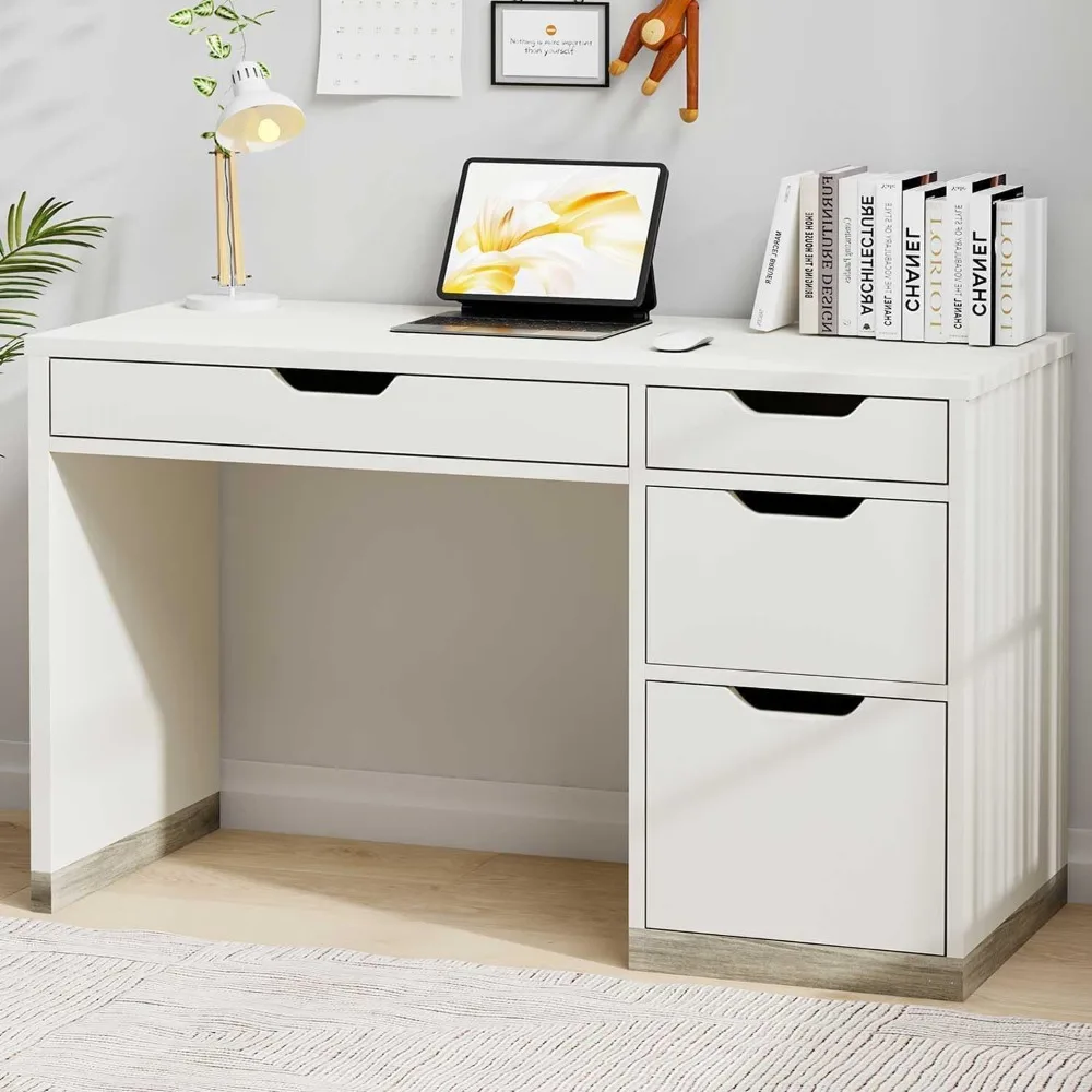 مكتب أبيض مع أدراج، مكتب كمبيوتر صغير مقاس 48 بوصة مع 4 أدراج تخزين للمساحة الصغيرة، مكتب مكتب منزلي لغرفة النوم مع S #3