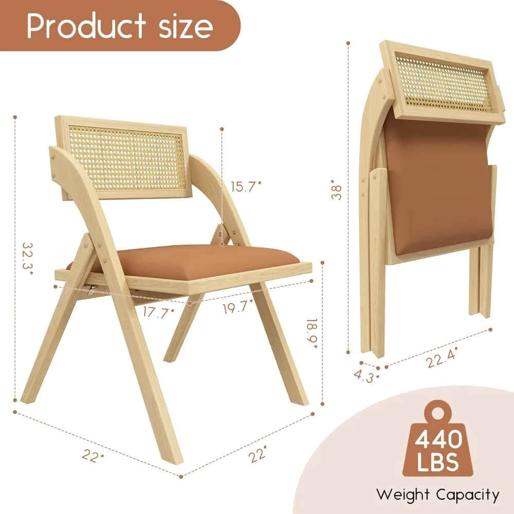 Set di 2 sedie da pranzo pieghevoli, sedie da pranzo pieghevoli in legno, sedie da sala da pranzo moderne in rattan di pelle della metà del secolo con imbottitura