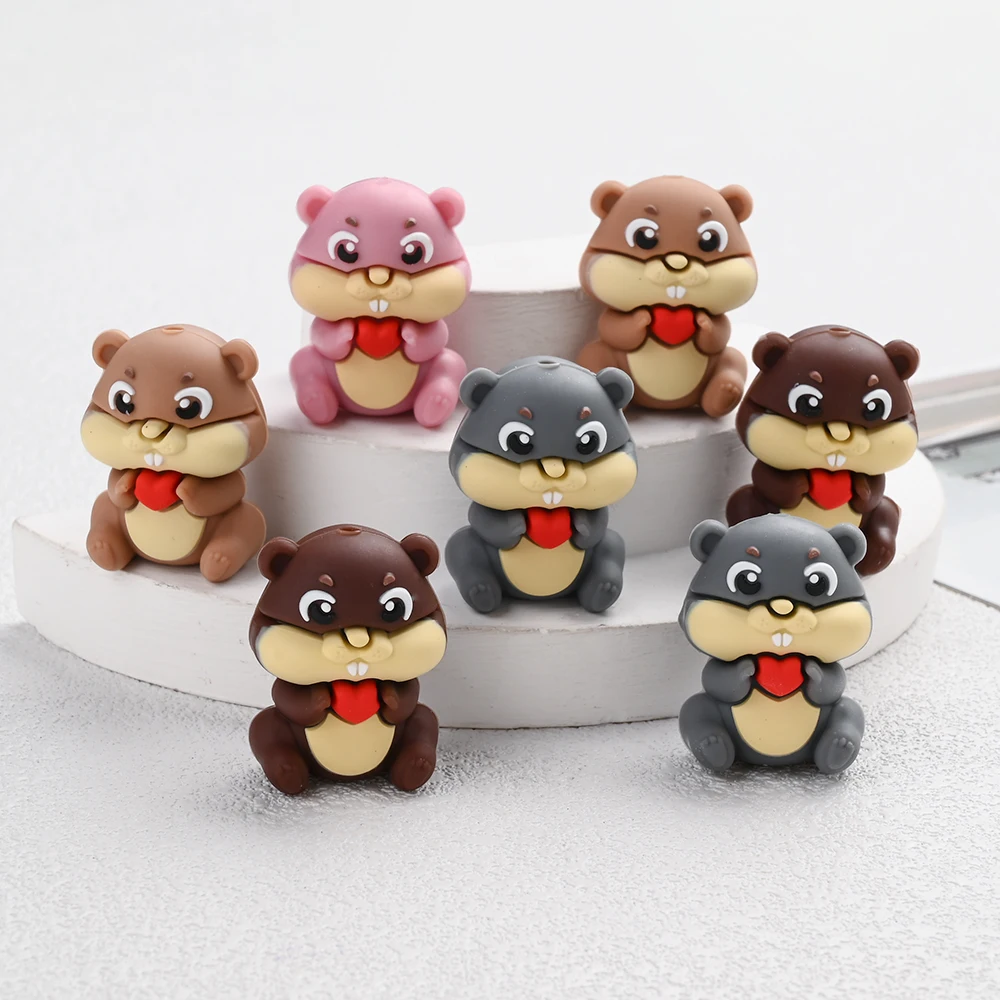 4Pcs 3D Squirrel Silicone Beads Cute Animal Focus Bead for DIY Handmade Necklaces Bracelets Pacifier Chains Keychain Making