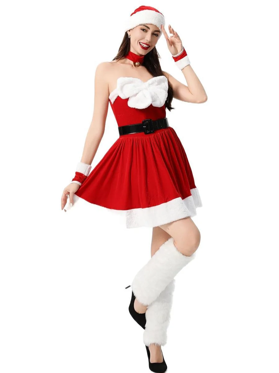 Dames Kerst Santa Dress Deluxe Mrs Claus Kostuum Fluwelen Jurk Choker Hoed Handschoenen Set Cosplay Outfits