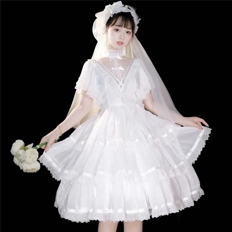 

Gothic Lolita op elegant daily French Lolitas dress flower wedding summer black white anime sweet girls kawaii V neck Tea Party