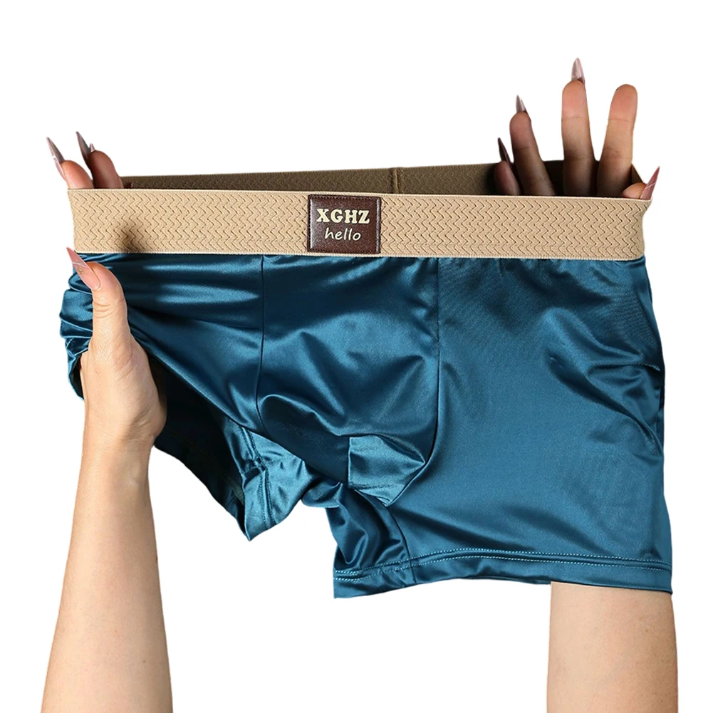 

Men Ice Silk Panties Solid Smooth Boxer Shorts Simple Midwaist Underwear -U Convex Pouch Breathable Satin Home Boxers Trunk
