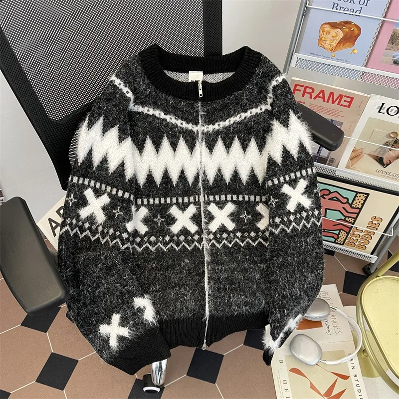 

American Retro Fair Isle Knitted Sweater Men Women Autumn Winter New Sle High Sensation Color Blo Knitwear Trendy Top