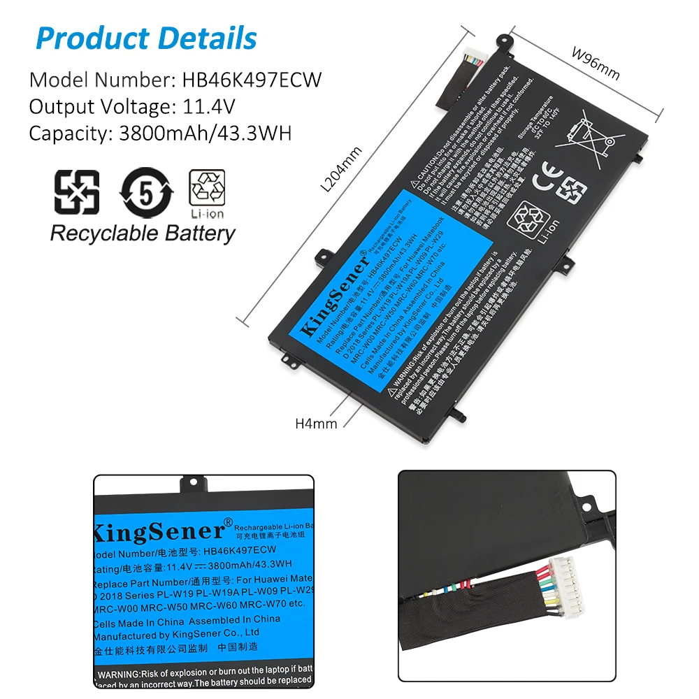 KingSener HB46K497ECW Laptop Battery For Huawei Matebook D 2018 PL-W19 PL-W19A PL-W09 PL-W29 MRC-W50 W60 W70 Series 43.3WH