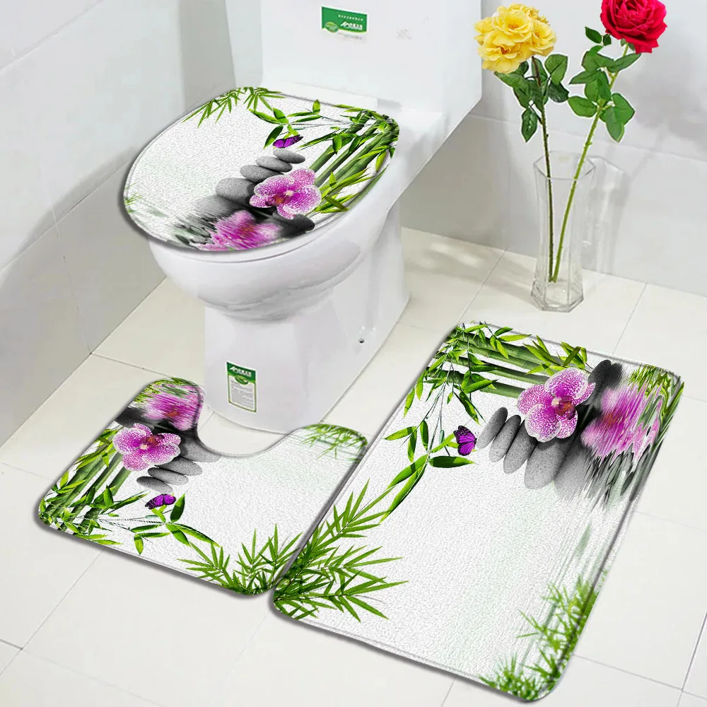 Zen Bath Mat Set Green Bamboo Orchid Lotus Flowers Plant Black Stone Spa Scenery Bathroom Decor Non-Slip Rugs Toilet Lid Cover