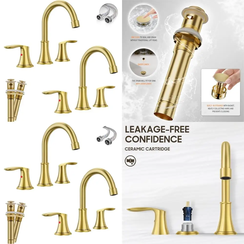 

2-Pc Brushed Gold 8 3-Hole Widespread Faucet Set with Pop-Up Drain and Supply Lines for Modern Bathroom Sinks