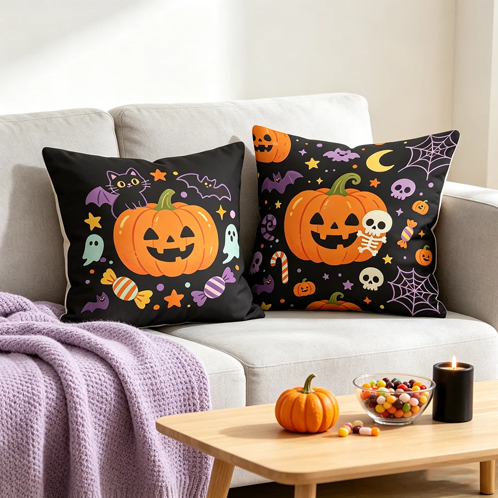 4PCS Halloween Pumpkin Print Pillow Covers Black Purple Lace Border Bat Spooky Decorative Throw Pillow Sofa Couch Home Decor