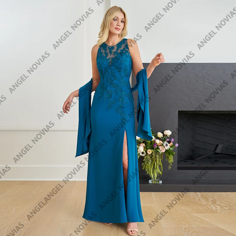 

Sexy Blue Sheath Mother Of Bride Dresses with Wrap Party Gowns Customized vestido para boda madre de la novia