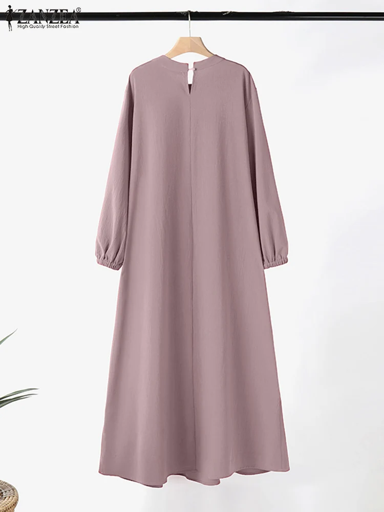 2024 ZANZEA Mode Frauen Maxi Lange Muslimischen Kleid Vintage O Hals Langarm Solide Abaya Sommerkleid Beiläufige Lose Urlaub Vestido