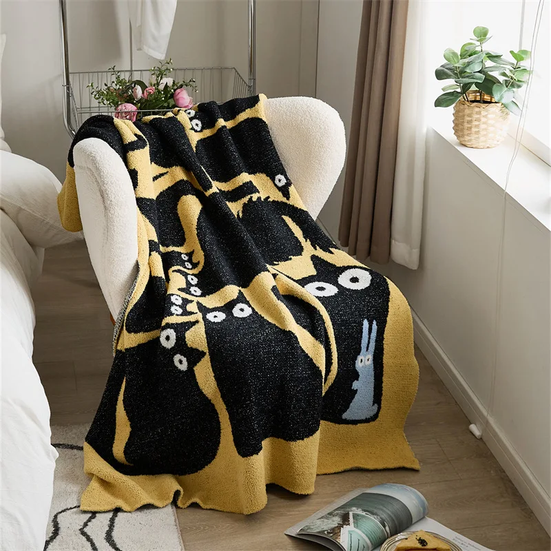 Knitted Blanket Autumn Thicken Cute Cartoon Black Cat Fashion Travel Keep Warm Breathable Home Decoration Soft Fabric 130*160