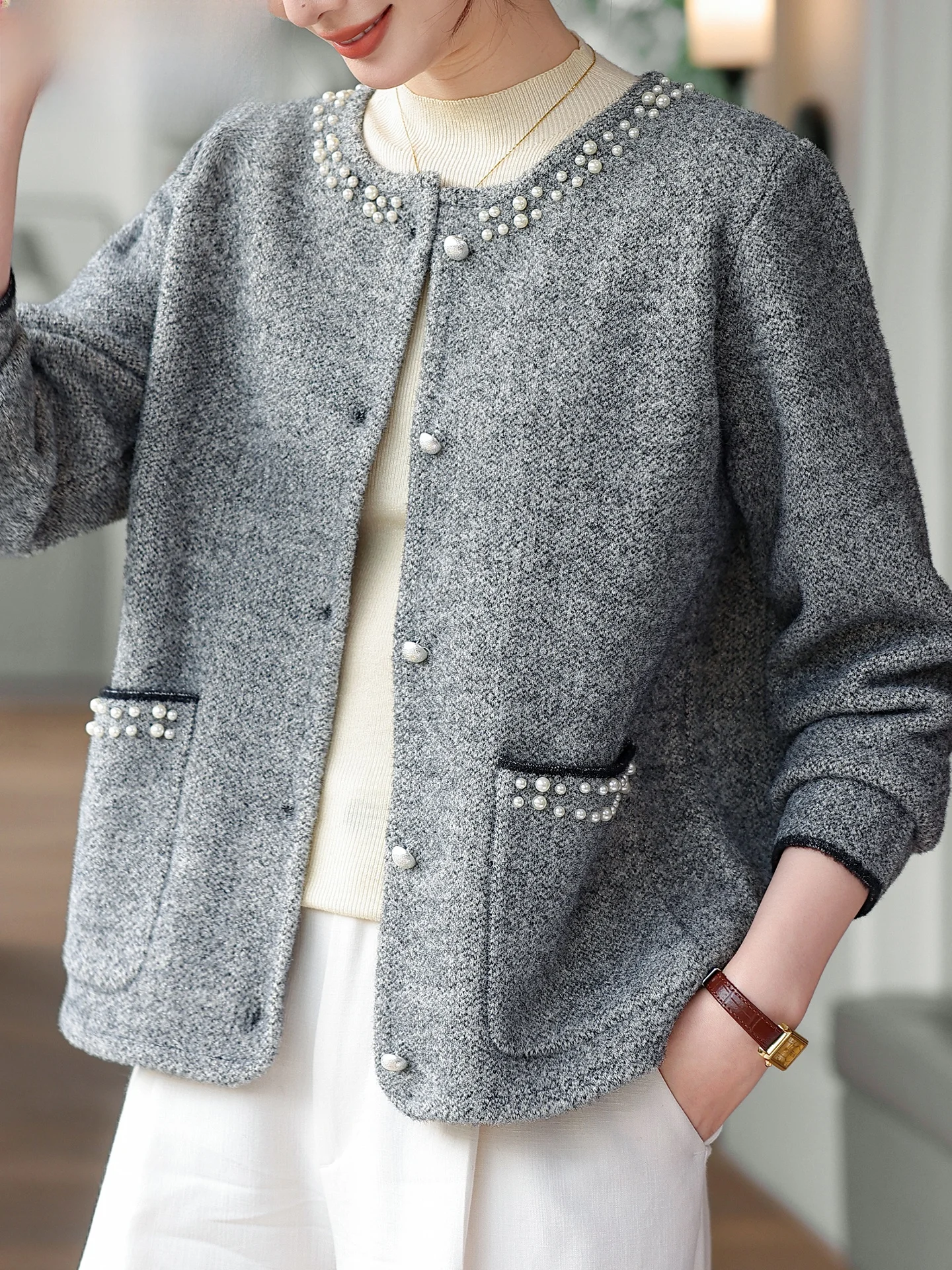 

Вязаный шерстяной кардиган Ele для женщин среднего возраста, весенне-осенний, модный, свободного кроя, с коротким рукавом, на одной пуговице