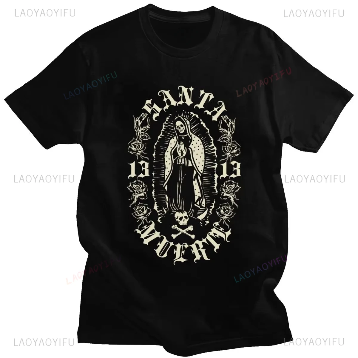 Classic Gothic Santa Muerte Tshirt Men Lady of Holy Death Shirt Mexican Skull Cotton Short Sleeve Streetwear Hip Hop Tee-Shirts