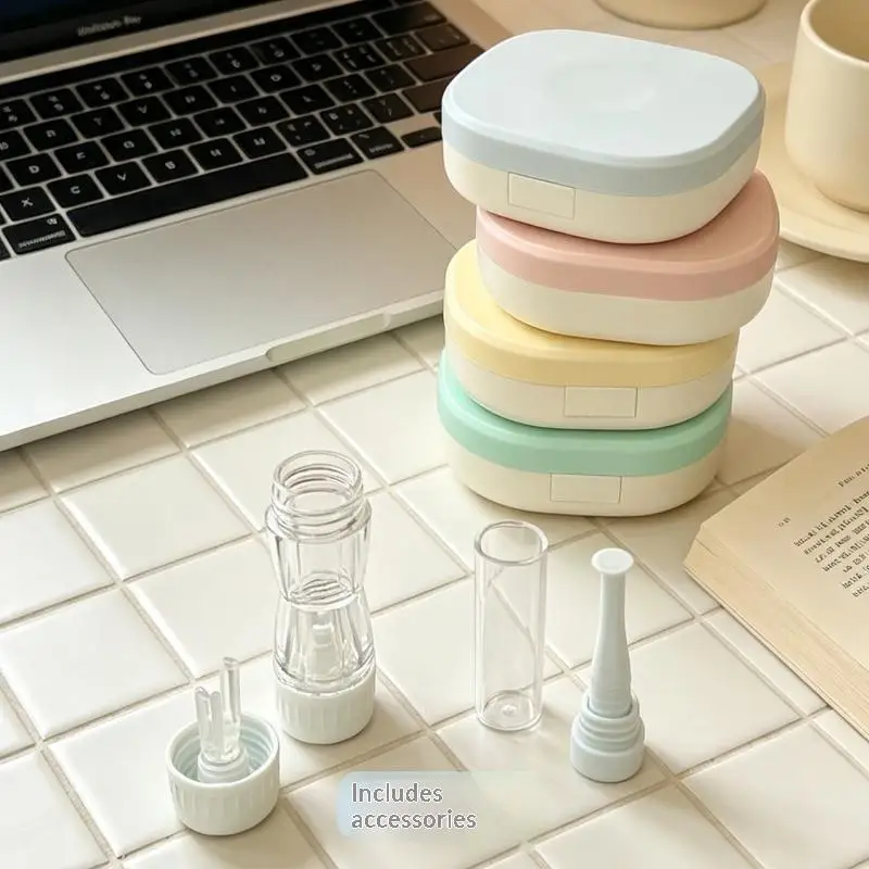 New Plastic Contact Lens Case With Mirror Solid Color Lens Storage Box With Suction Stick Travel Eyeglass Container