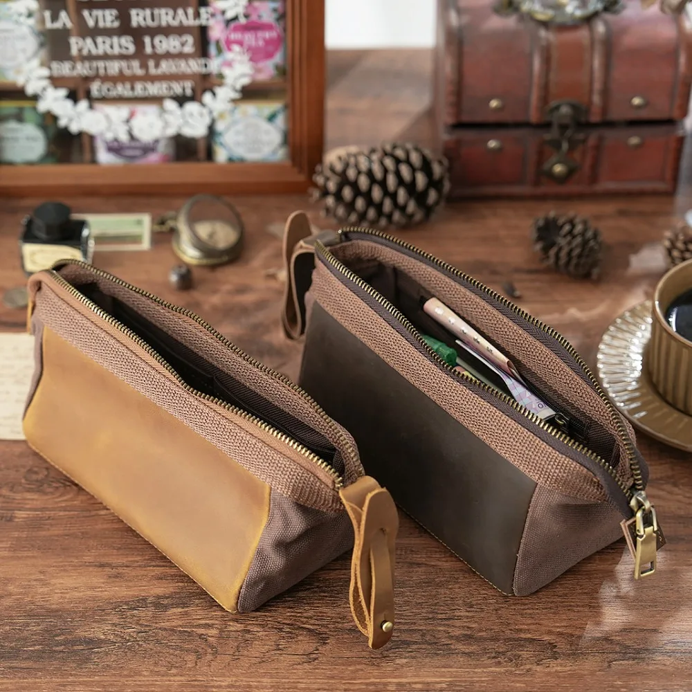 

Retro Zipper Storage Bag Leather Large-Capacity Pencil Case Multi-Functional Stationery Box for Students Durable Pen Pouch
