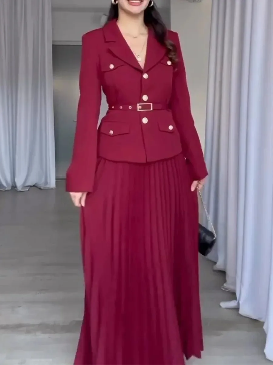 Eid Women Muslim Set Blazer Pleated Skirt Two Piece Set Shirt Skirt Suits Ramadan Morocco Dubai Islam Outfits Jalabiya Ensemble