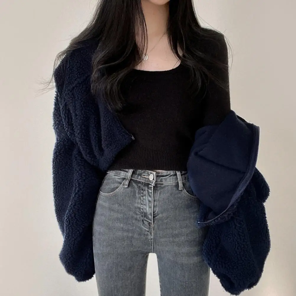 Loose-fitting Women Jacket Cozy Winter Women's Fleece Jacket with Stand Collar Zipper Closure Long Sleeves Windproof for Cold