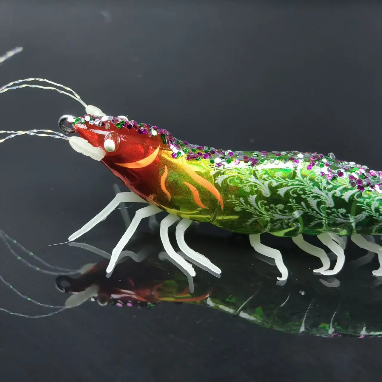 5-teiliges Garnelen-Egi-Tintenfischköder-Set, UV- und leuchtend glitzernde segmentierte Garnelenköder mit weichen Füßen für Salzwasser-Nachtangeln auf Tintenfische – Detail 7
