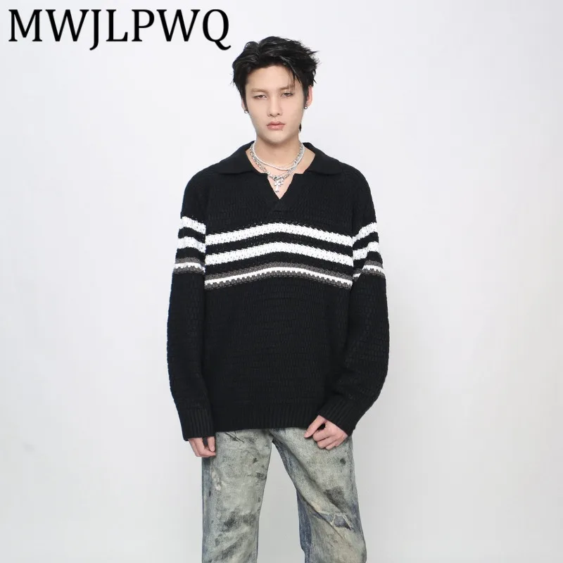 

MWJLPWQ American Retro Simple Striped Lapel Sweater For Men Autumn High Street Long Sleeve High-End Stylish Base Knitwear 21762
