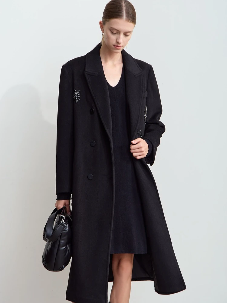 

AMII Long Women's Wool Coat 2025 Winter New Turmn-Down Collar Thick Tweed Jacket Women's Double Breasted Loose Coat 12444234