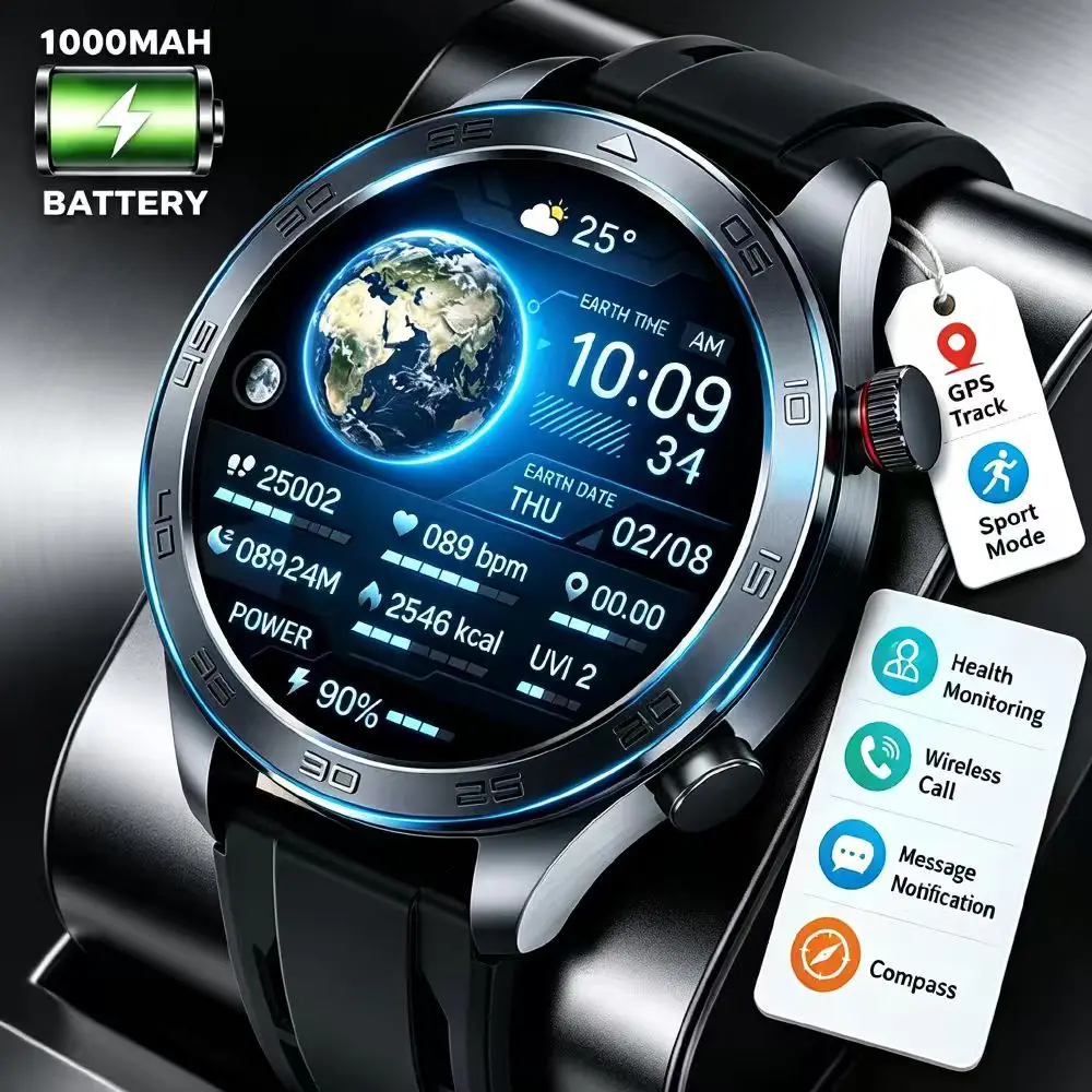 New outdoor smartwatch for men, 1000mAh extra-large battery, 1.7in large screen, compass, wireless HD call, 100+ sports modes.