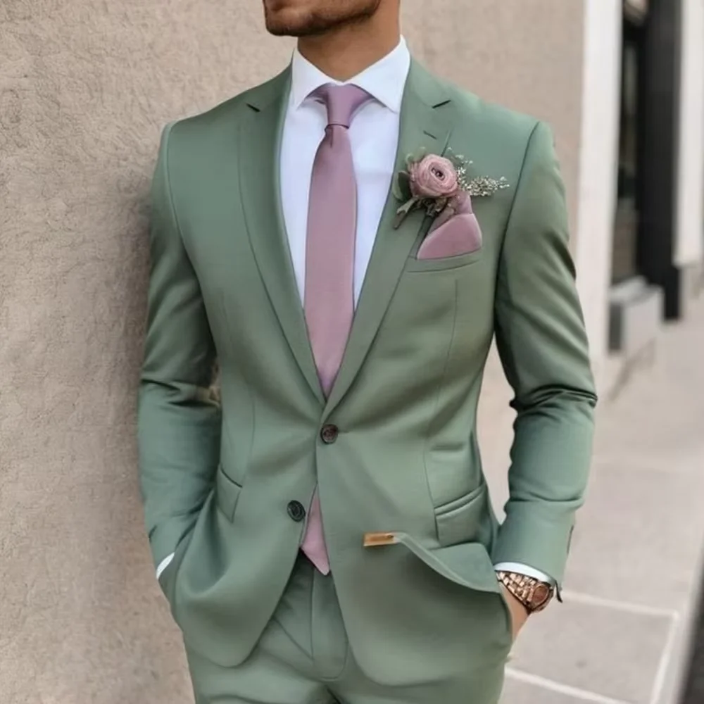 

Formal Solid Color Men Suits Outfits Slim Fit Green Single Breasted Notch Lapel 2 Piece Jacket Pants Costume Homme