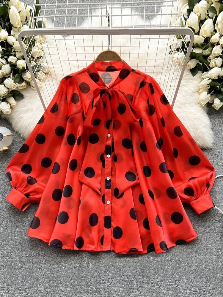

Long-sleeved Polka Dot Western-style Top Blouse D999 Women's Spring Summer New All-match Chiffon Shirt Bow Tie