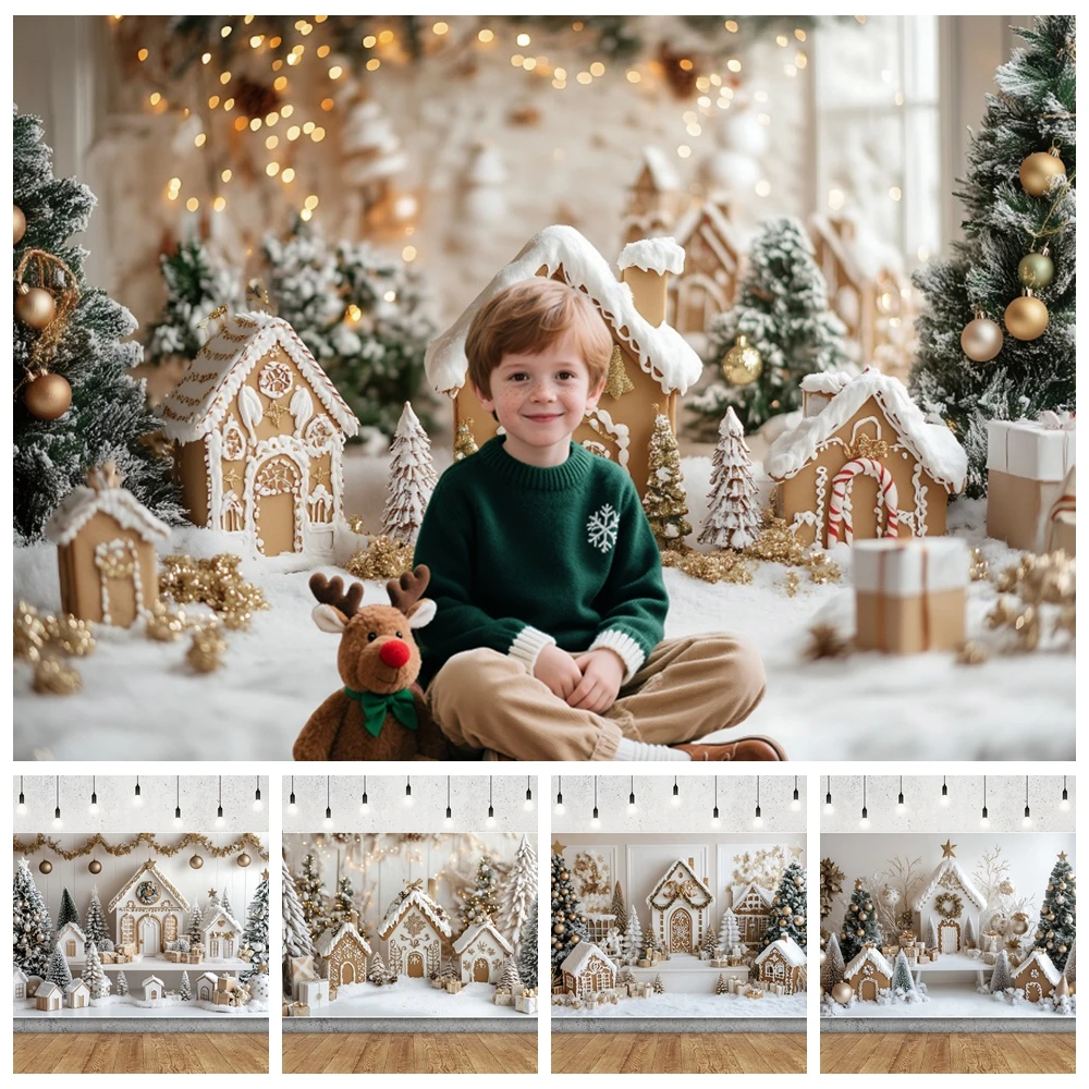 2026 Merry Christmas Photography Backdrop White Gingerbread House Xmas Trees Kids Family New Party Decor Photo Background Props