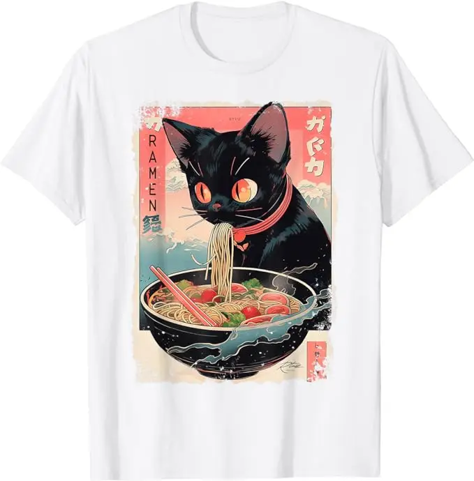 

New Arrival Japanese Anime Manga Ramen Kawaii Cat T-Shirt Ramen Noodles Kitten Graphic Tee Top Kitty Short Sleeve Bouses Tops