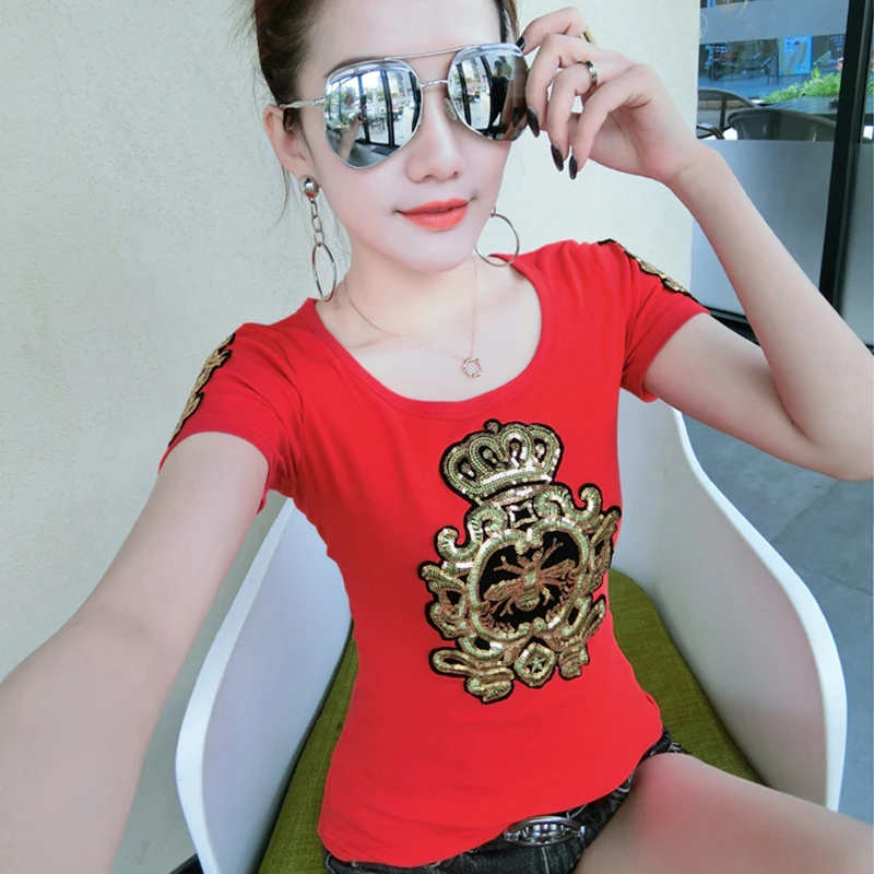 Camiseta Negra de Algodón de Manga Corta, Estilo Coreano Moderno, Cuello Redondo, Hombreras, Hilo Brillante, Novedad de Verano, Top para Mujer