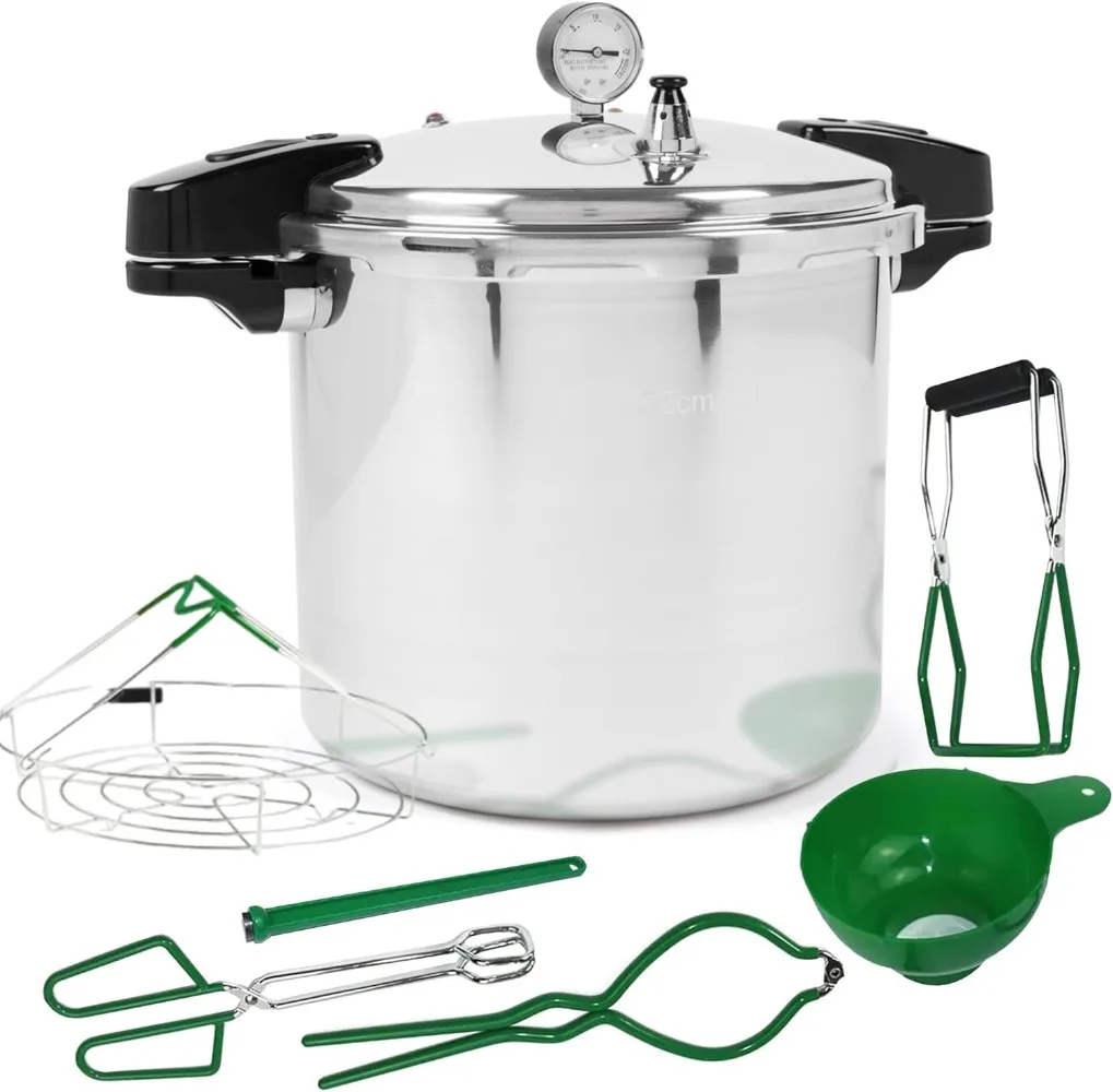 24qt Pressure Canner and Cooker Kit | Complete 7pc Canning Supplies Starter Set | Induction Pot, Gauge, Funnel, Jar Lifter