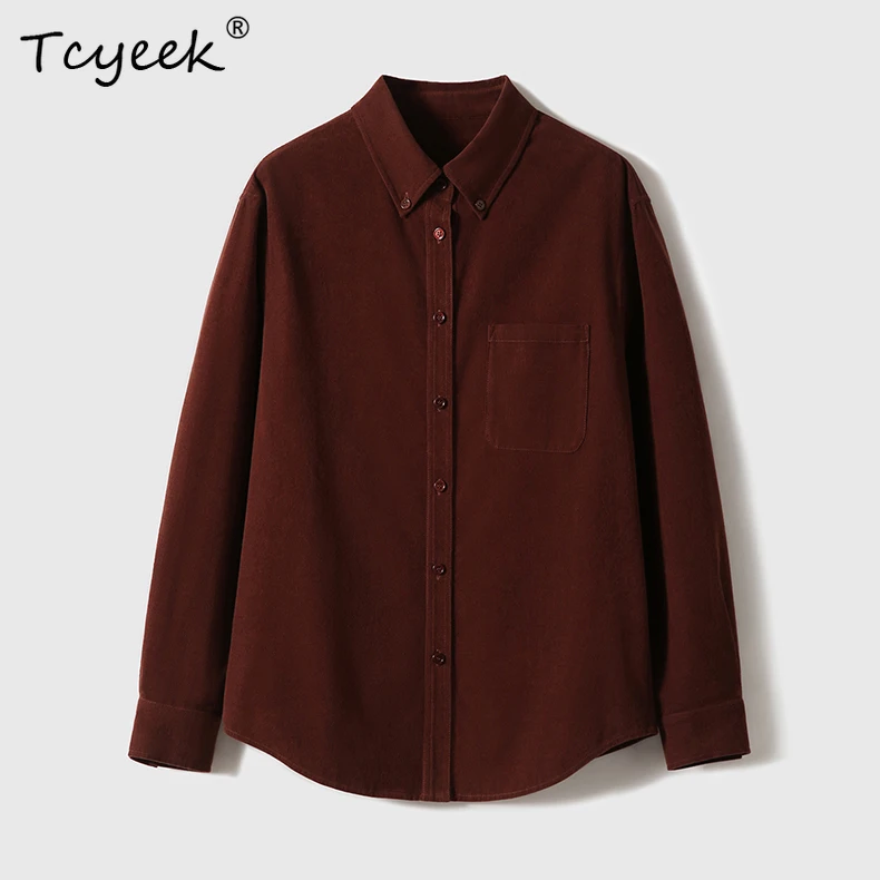 

Tcyeek, 9.2%Sheep Wool, Corduroy Shirts for Woman, Long Sleeved Loose Blouses, 2024 Autumn Winter Elegant Top, Nude T49311QM