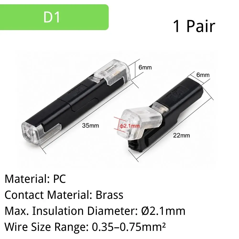 10PCS D1 D2 D3 Interlocking Solderless No-Strip LED Connector, Detachable 2-Wire Quick-Connect Terminal