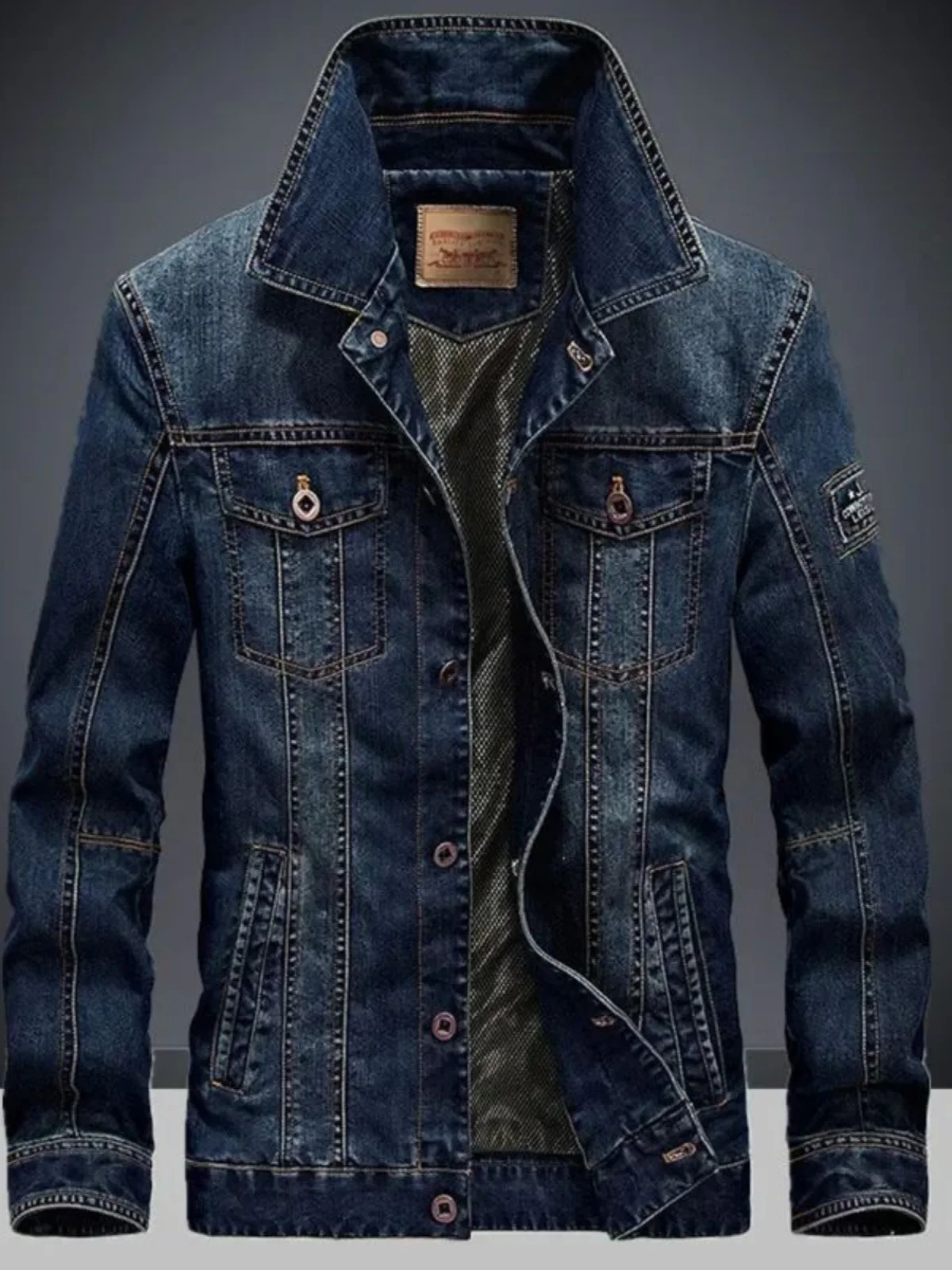 

Мужская джинсовая куртка Slim Fit с отложным воротником, молодежная повседневная модная ветрозащитная куртка с длинными рукавами, полноразмерное пальто