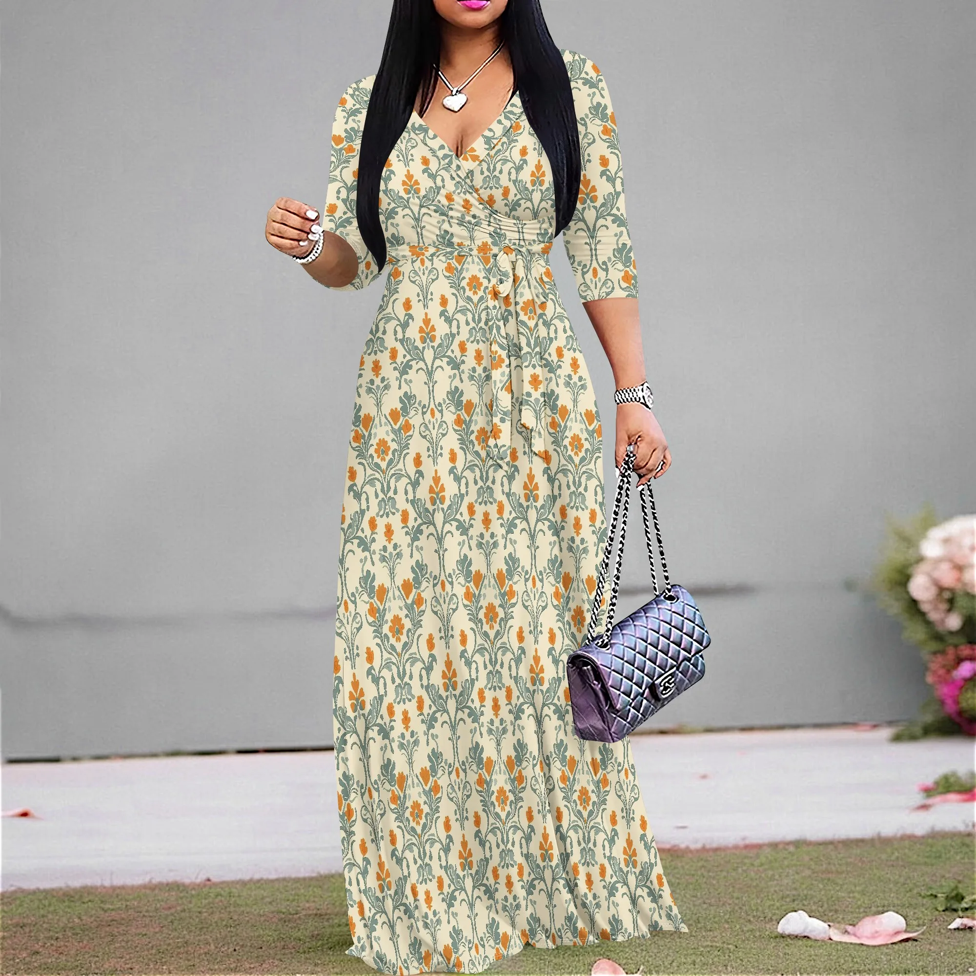 

African American Floral Wrap Maxi Dress Soft Stretch V-Neck Tie-Waist Plus Size S-3XL Spring Church Picnic