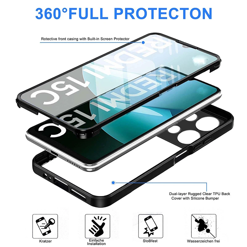 360-Grad-Ganzkörper-stoßfeste Handyhülle für Xiaomi Redmi 15C 14C 13C 12C 10C 9C 8A Dual Layer PC Hard Hybird Clear Cover Coque – Detail 5