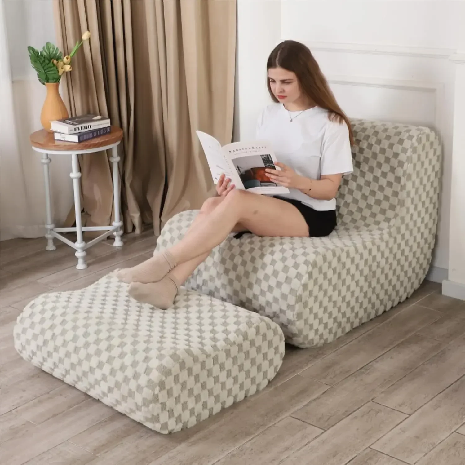 Silla tipo puf con reposapiés, sofá moderno y perezoso con cómoda felpa peluda jacquard, verde