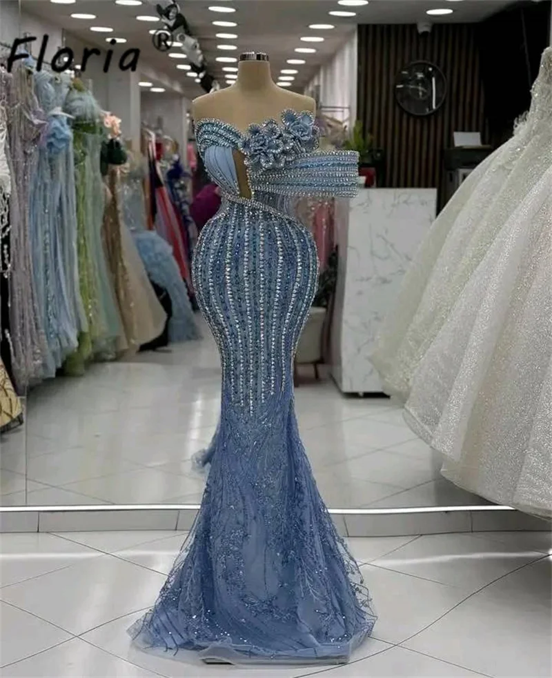 Elegant Blue Beaded Mermaid Formal Evening Dresses Sparkly Crystals Wedding Party Gown Celebrity Ceremony Dress Robes de soiree