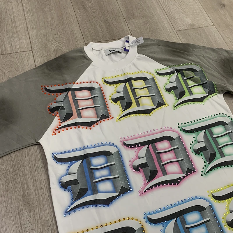 Duaa T-shirt Grid White Ink Direct Printing Men Women Fashion Trend Rhinestones Embellishments Tee Washed Vintage Short Sleeve