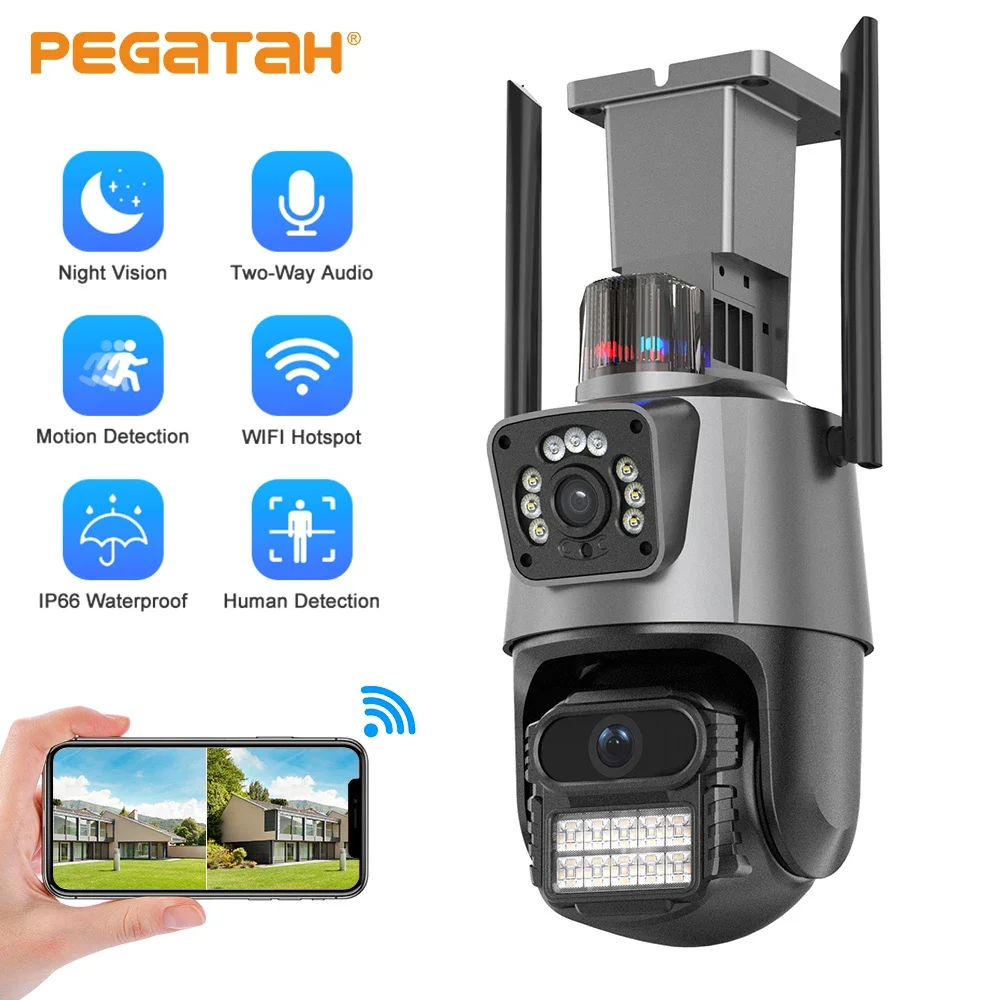 

PEGATAH 4MP Wifi Camera Dual Lens Security Protection Waterproof Security CCTV Video Surveillance Camera Light Alarm IP Camera