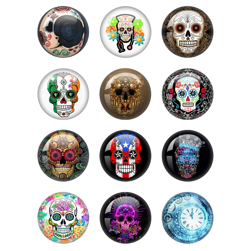 Art Skull Heads Flower Painting 10mm/12mm/18mm/20mm/25mm Round Photo Glass  Flat Back Making Findings Jewelry Findings