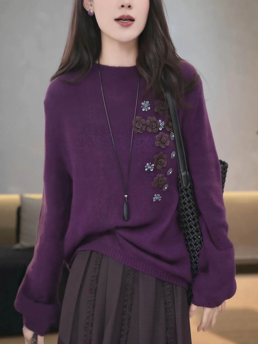 

Декоративный вязаный свитер Ele с цветочным узором, свободный, стройнящий, женский, модный топ в корейском стиле, теплый, с длинными рукавами, шерстяной