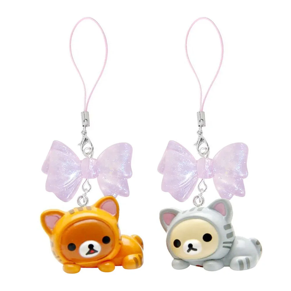 

Милый медведь Rilakkuma Korilakkuma, розовый бант, брелок-талисман с котом, ремешок из ПВХ, брелок для ключей, сумка, подвеска, цепочка для телефона, игрушка