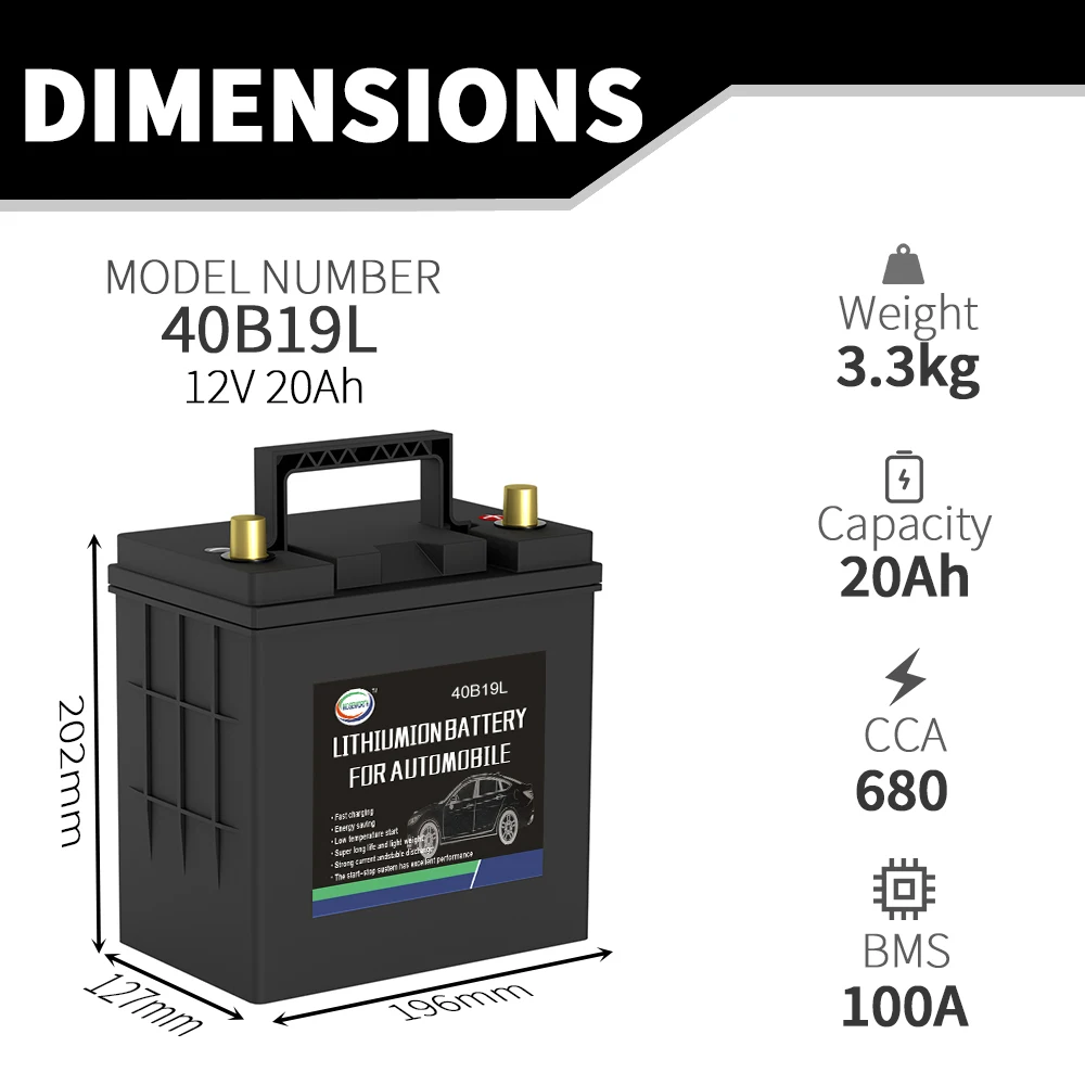 40B19L/R LiFePO4 Car Battery High Performance Sealed Car Truck  SUV Starting Battery 680 CCA Maintenance Free Automotive Battery