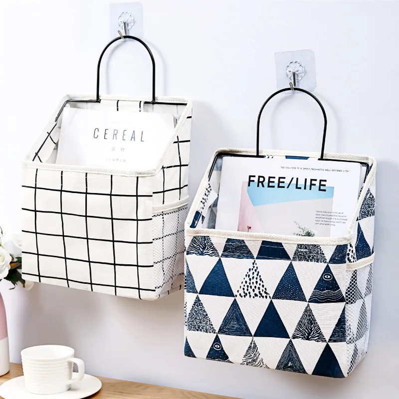 Dormitory Wall Hanging Storage Bag Wall Door Wardrobe Table Top Fabric Cotton Linen Organizer Basket for Books CD Magazine