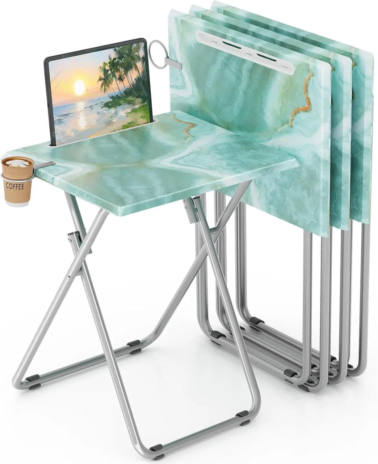 

4-Pack Folding TV Tray Table with Phone Slot, No Assembly, Sea Blue Marble