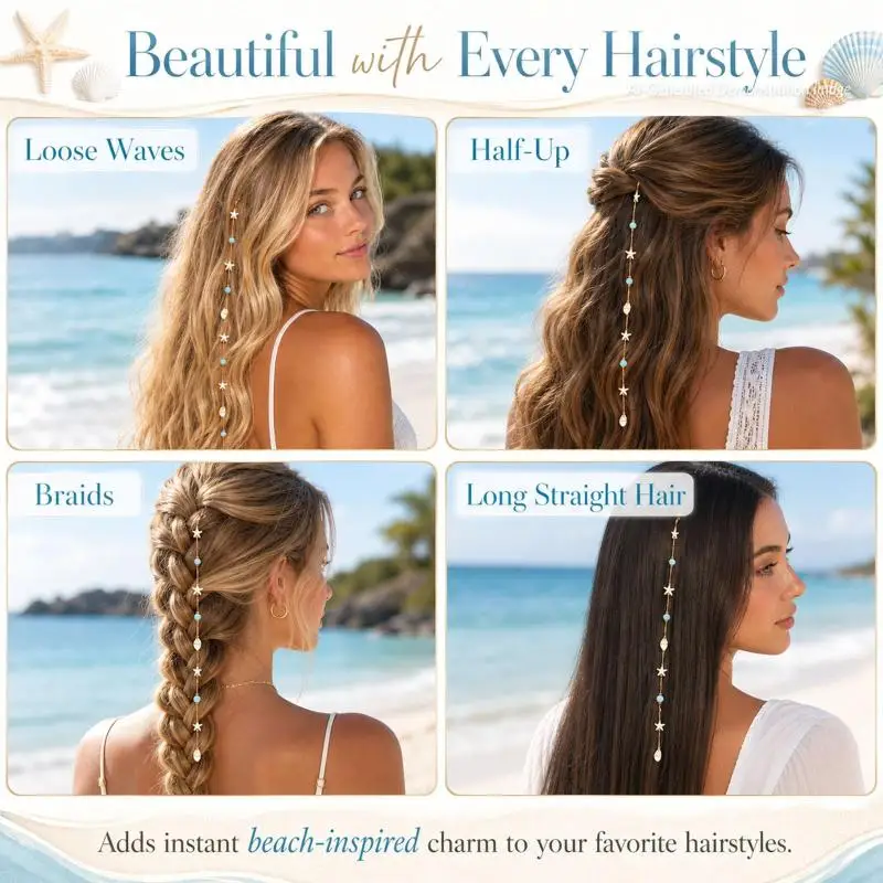 Tropical Beach Mermaid Hair Clip Starfish Bead Details Hair Accessory for Women Hawaiian Luau Party Costumes
